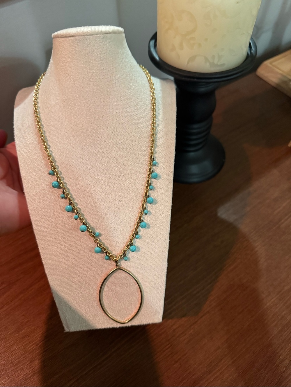 Gold-Tone Necklace with Turquoise Beads and Oval Pendant
